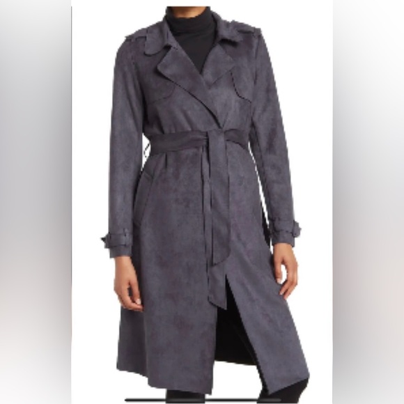 Tahari Faux Suede Long Open Trench Coat in Smoke - Picture 1 of 3